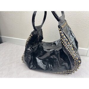 French Connection Black Patent Studded Satchel Bag Grommet Punk Rock Handbag